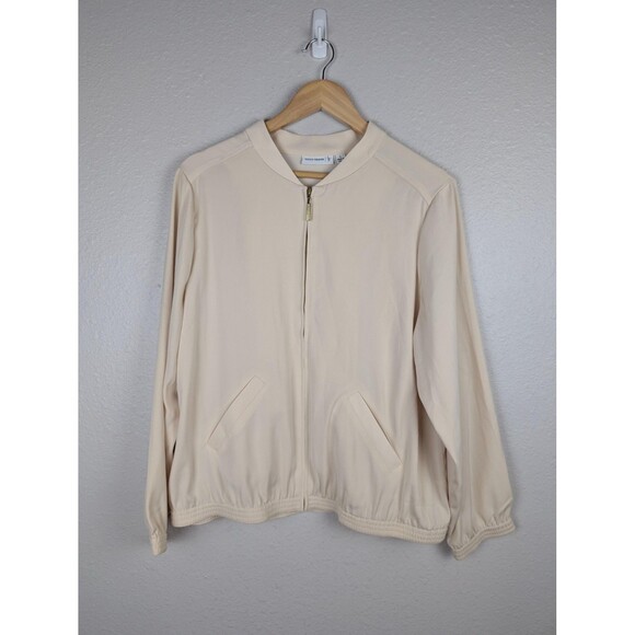 Susan Graver Jacket Womens Large Beige Zip Bomber Lightweight Pockets Stretch - Picture 1 of 7